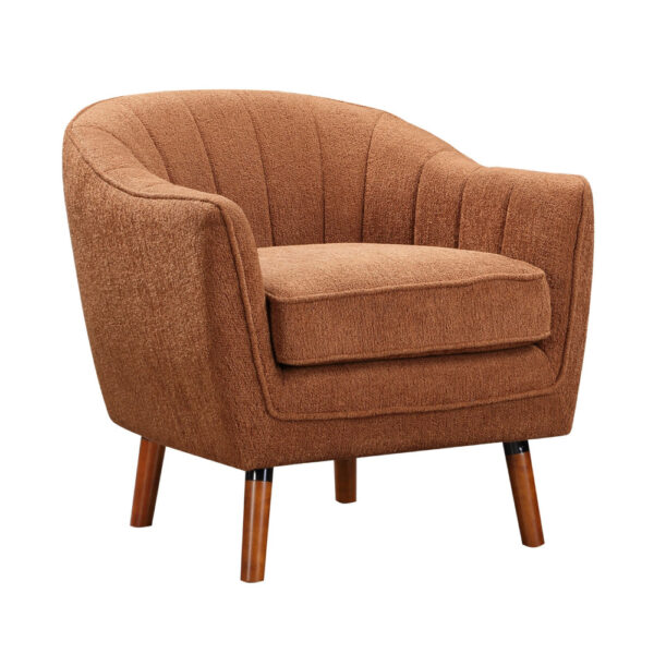 Tia 31 Inch Plush Accent Chair Armchair, Rust Polyester, Brown Solid Wood