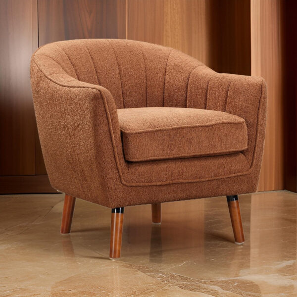 Tia 31 Inch Plush Accent Chair Armchair, Rust Polyester, Brown Solid Wood