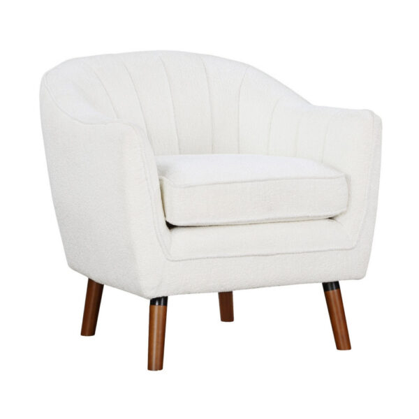 Tia 31 Inch Plush Accent Chair Armchair, White Polyester, Brown Solid Wood