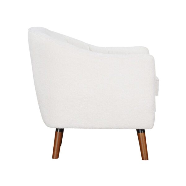 Tia 31 Inch Plush Accent Chair Armchair, White Polyester, Brown Solid Wood