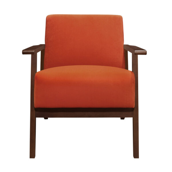 Rica 32 Inch Accent Armchair, Soft Orange Velvet, Walnut Brown Solid Wood