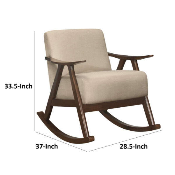 Tim 37 Inch Rocking Armchair, Beige Polyester, Walnut Brown Solid Wood