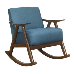 150220266991b1ef7b6a9.jpeg Tim 37 Inch Rocking Armchair, Blue Polyester, Walnut Brown Solid Wood