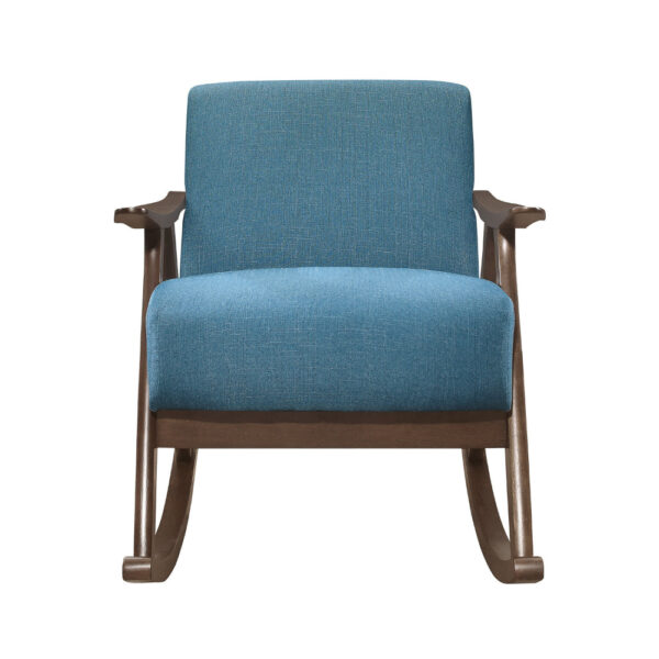 Tim 37 Inch Rocking Armchair, Blue Polyester, Walnut Brown Solid Wood