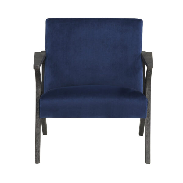 Esme 35 Inch Accent Chair Wood Armchair, Blue Velvet Cushioned Seat, Gray