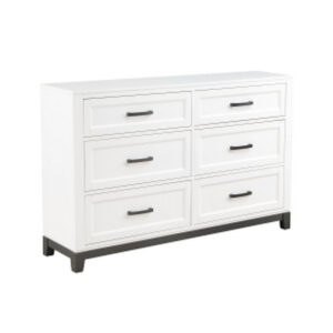 Thiem 61 Inch Wide Dresser, 6 Drawers with Black Handles, White Wood Finish