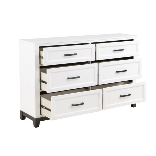 Thiem 61 Inch Wide Dresser, 6 Drawers with Black Handles, White Wood Finish