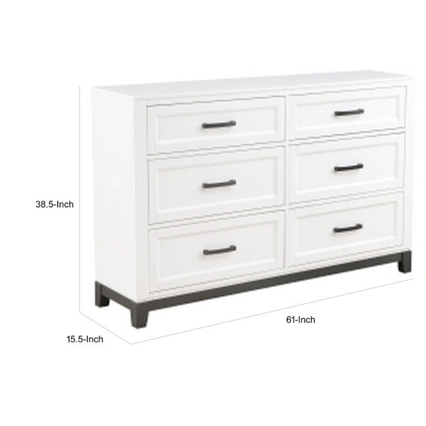 Thiem 61 Inch Wide Dresser, 6 Drawers with Black Handles, White Wood Finish
