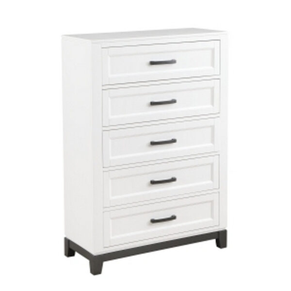 Thiem 51 Inch Tall Dresser Chest with 5 Drawers, Black Handles, White Wood