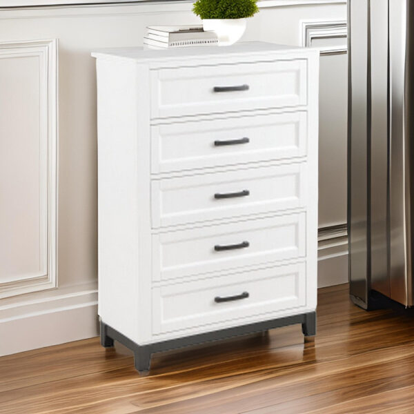 Thiem 51 Inch Tall Dresser Chest with 5 Drawers, Black Handles, White Wood