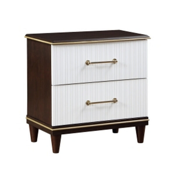 Shim 29 Inch Nightstand with 2 Drawers, Gold, White, and Cherry Brown Wood
