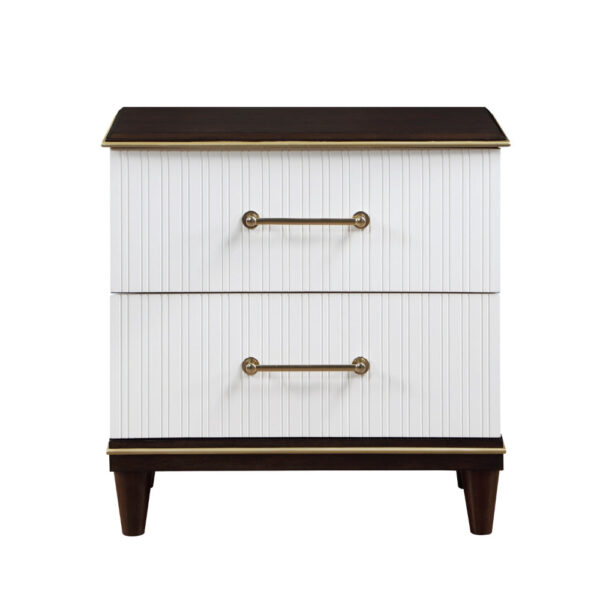 Shim 29 Inch Nightstand with 2 Drawers, Gold, White, and Cherry Brown Wood
