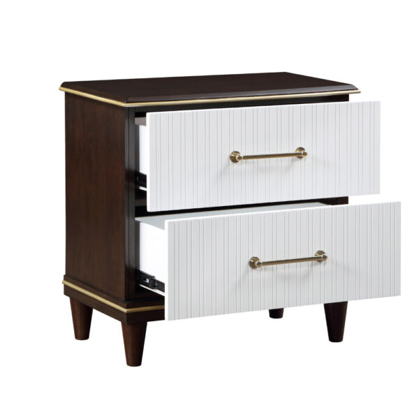 Shim 29 Inch Nightstand with 2 Drawers, Gold, White, and Cherry Brown Wood