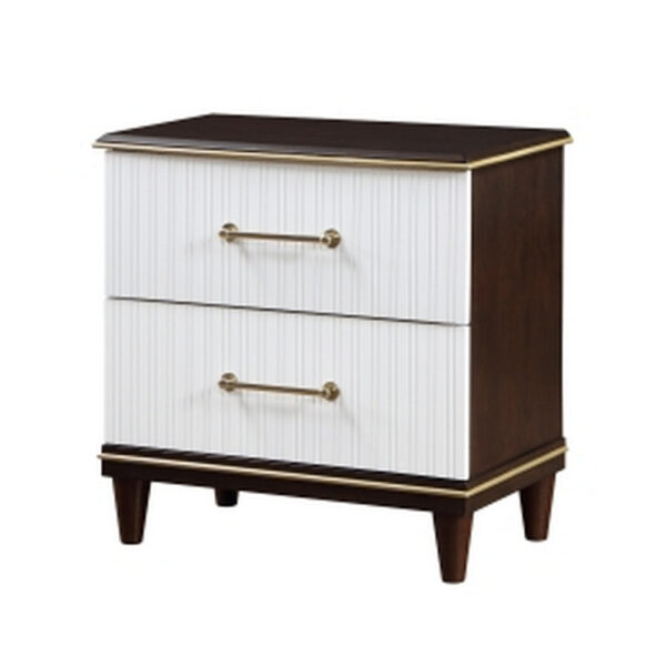Shim 29 Inch Nightstand with 2 Drawers, Gold, White, and Cherry Brown Wood