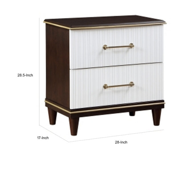 Shim 29 Inch Nightstand with 2 Drawers, Gold, White, and Cherry Brown Wood