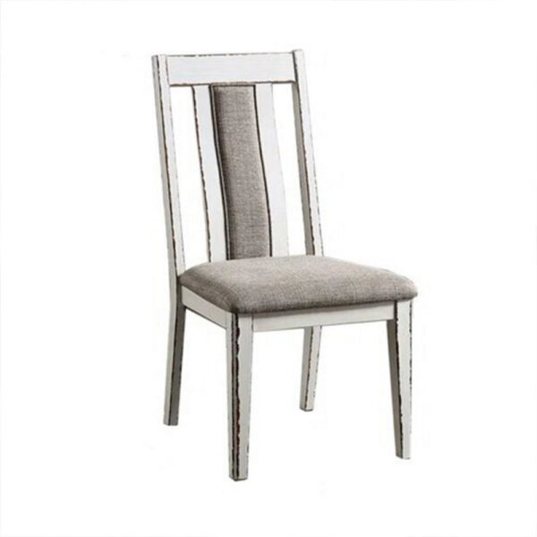 150220266991b2e2ab788.jpeg 24 Inch Dining Side Chair Set of 2, Rustic White Wood, Gray Fabric Seat