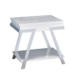 Tius 26 Inch Side End Table, Open Shelf, Chrome, High Gloss White Finish