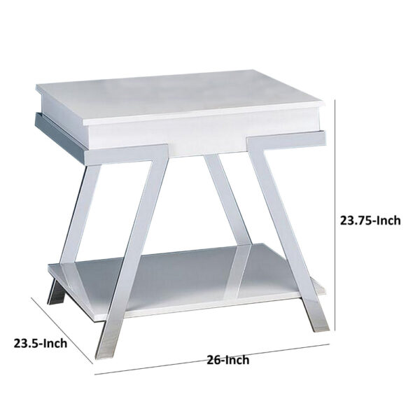 Tius 26 Inch Side End Table, Open Shelf, Chrome, High Gloss White Finish