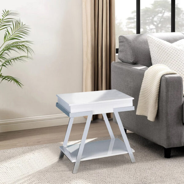 Tius 26 Inch Side End Table, Open Shelf, Chrome, High Gloss White Finish