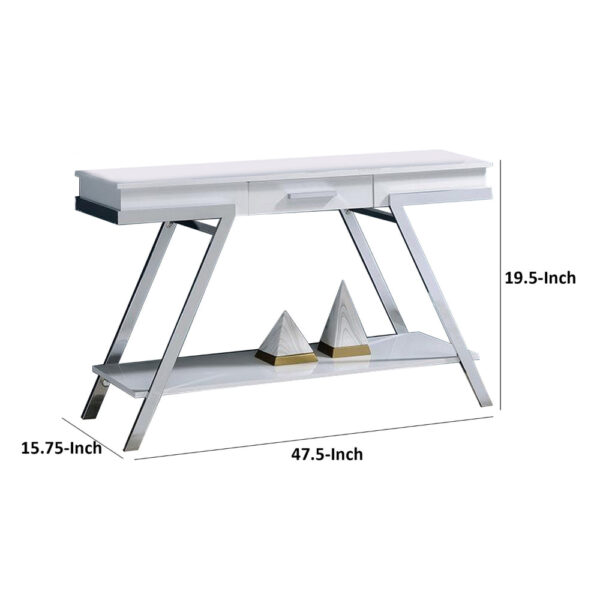 Tius 48 Inch Sofa Table, Open Shelf, Chrome Frame, High Gloss White Finish