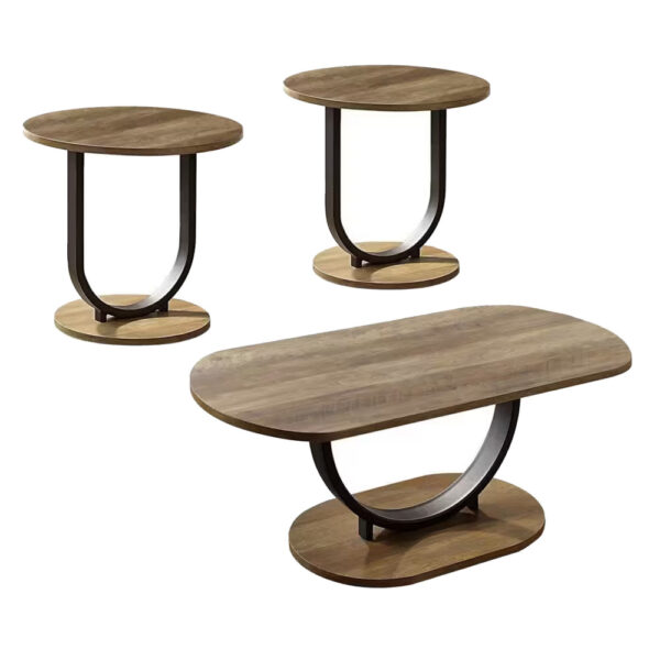 Obin 3 Piece Coffee and End Table Set, Brown MDF, Black U Shape Steel Base