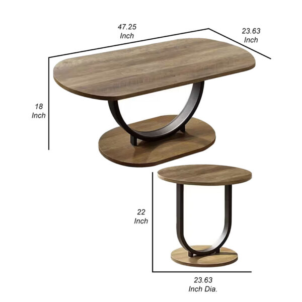 Obin 3 Piece Coffee and End Table Set, Brown MDF, Black U Shape Steel Base