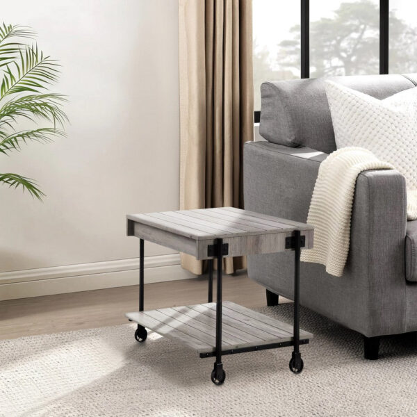 150220266991b3ad06cfd.jpeg Loak 24 Inch Side End Table, Plank Design, Caster Wheels, Brown, Black