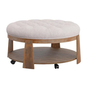 Gus 41 Inch Ottoman Coffee Table, Button Tufted Beige Fabric, Brown Wood