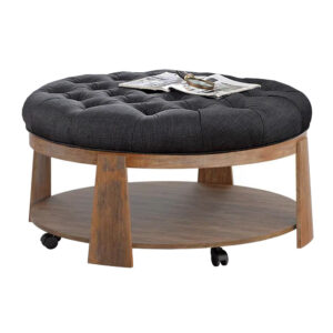 Gus 41 Inch Ottoman Coffee Table, Button Tufted Gray Fabric, Brown Wood