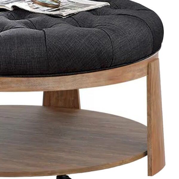 Gus 41 Inch Ottoman Coffee Table, Button Tufted Gray Fabric, Brown Wood