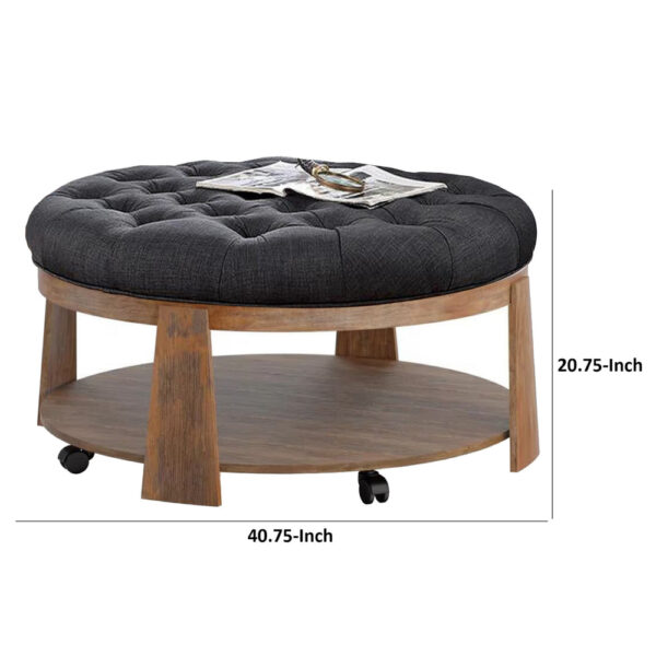 Gus 41 Inch Ottoman Coffee Table, Button Tufted Gray Fabric, Brown Wood