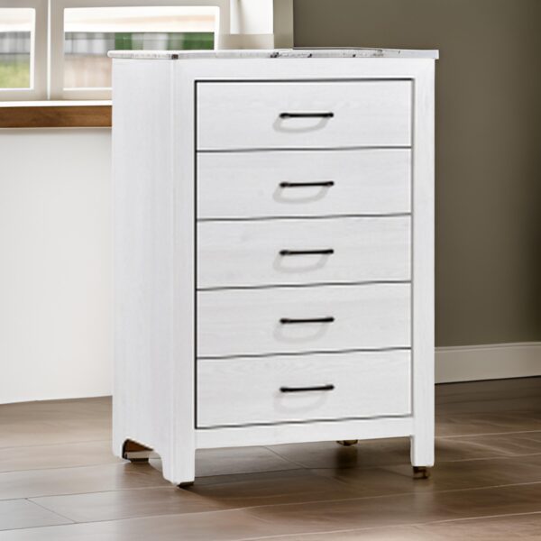 Eby 48 Inch Tall Dresser Chest, 5 Drawers with Black Nickel Handles, White
