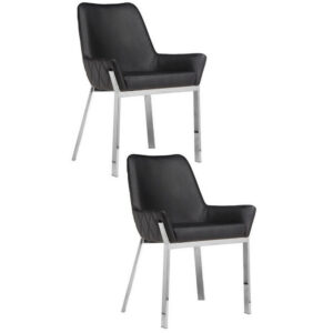 Fuma 23 Inch Set of 2 Dining Chairs, Foam Fill, Black Faux Leather, Silver