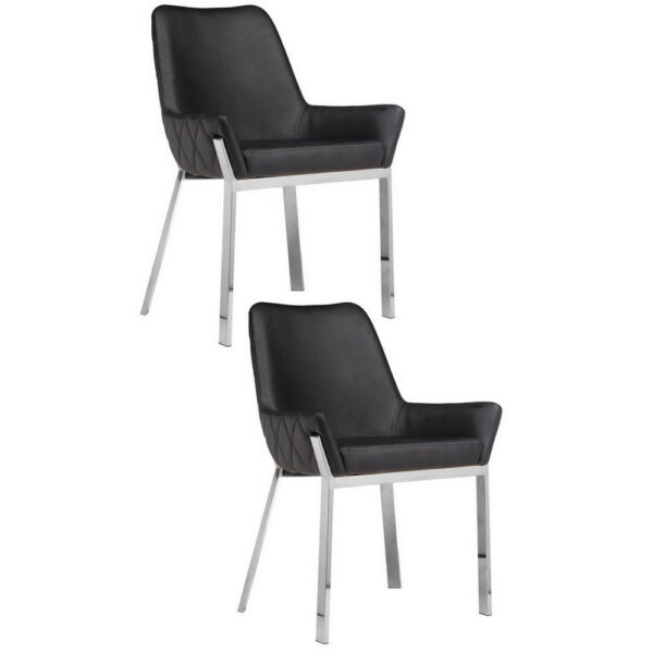 150220266991b46594a0b.jpeg Fuma 23 Inch Set of 2 Dining Chairs, Foam Fill, Black Faux Leather, Silver