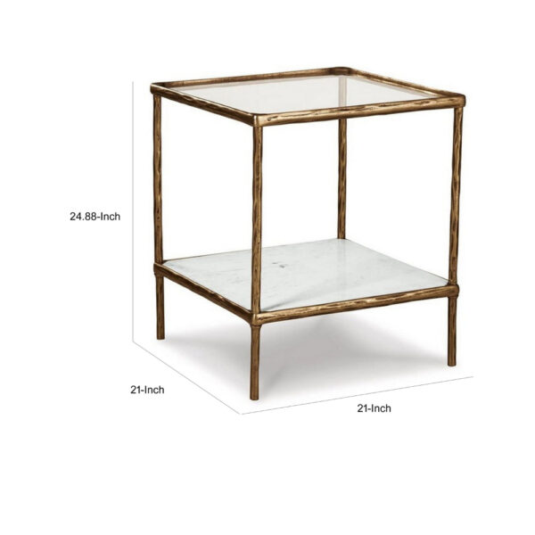 Dalie 25 Inch Accent Table, Square Glass Tabletop, Marble, Antique Gold
