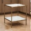 Dalie 25 Inch Accent Table, Square Glass Tabletop, Marble, Antique Gold