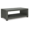 Ellie 50 Inch Outdoor Coffee Table, Lower Shelf, Gray Resin Wicker, Metal
