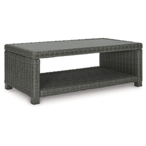 Ellie 50 Inch Outdoor Coffee Table, Lower Shelf, Gray Resin Wicker, Metal