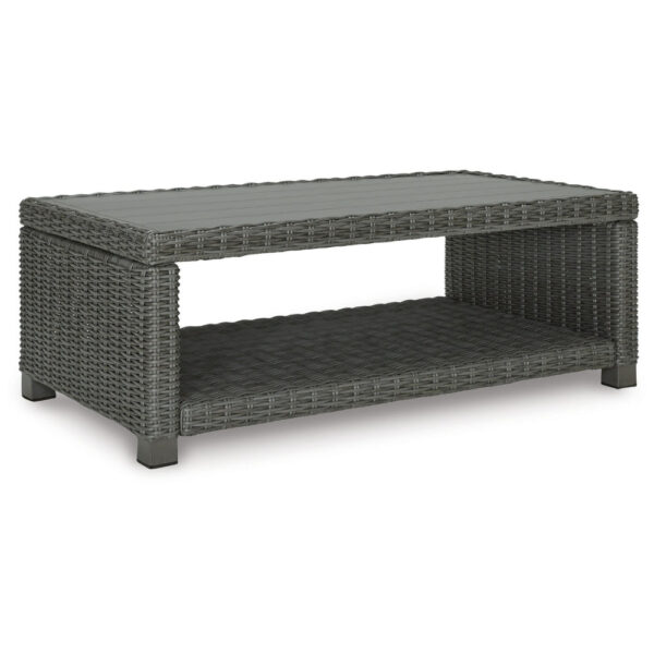 Ellie 50 Inch Outdoor Coffee Table, Lower Shelf, Gray Resin Wicker, Metal