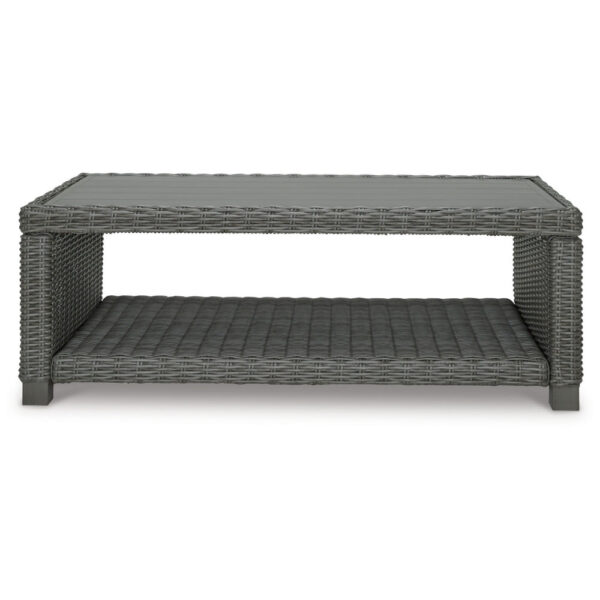 Ellie 50 Inch Outdoor Coffee Table, Lower Shelf, Gray Resin Wicker, Metal