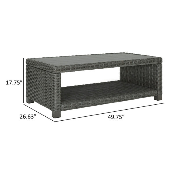 Ellie 50 Inch Outdoor Coffee Table, Lower Shelf, Gray Resin Wicker, Metal