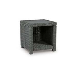 Ellie 23 Inch Outdoor End Table, Lower Shelf, Gray Resin Wicker, Metal