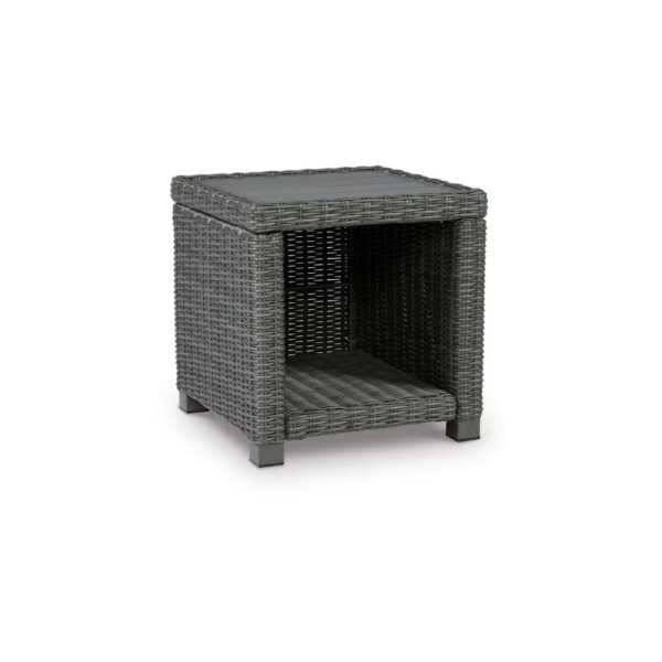 Ellie 23 Inch Outdoor End Table, Lower Shelf, Gray Resin Wicker, Metal