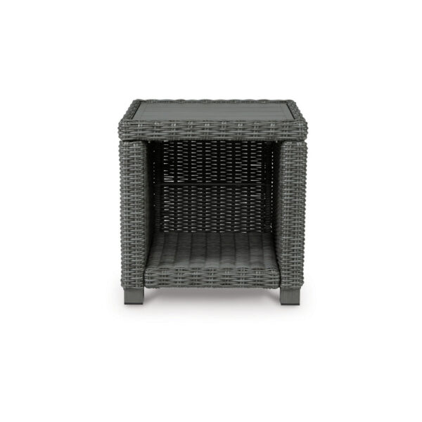 Ellie 23 Inch Outdoor End Table, Lower Shelf, Gray Resin Wicker, Metal