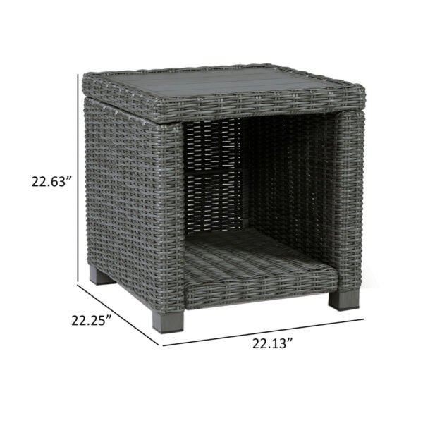 Ellie 23 Inch Outdoor End Table, Lower Shelf, Gray Resin Wicker, Metal