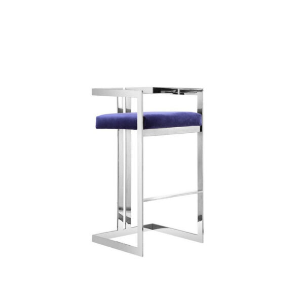 Suki 30 Inch Cantilever Barstool Chair, Foam Navy Blue Velvet, Silver Frame