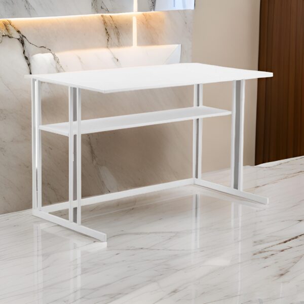 Femi 47 Inch Office Desk with Shelf, Open Steel Base, Modern White Finish