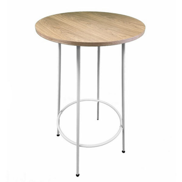 Neni 42 Inch Bar Table, Round Natural Brown Wood Top, Modern White Metal