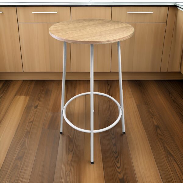 Neni 42 Inch Bar Table, Round Natural Brown Wood Top, Modern White Metal