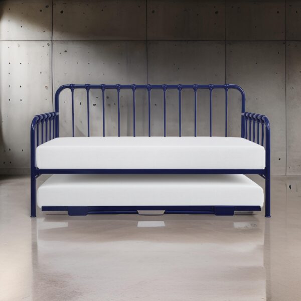 150220266991b7f45c8b8.jpeg Ziva Daybed with Lift Up Trundle, Navy Blue Metal Frame, Folding Legs